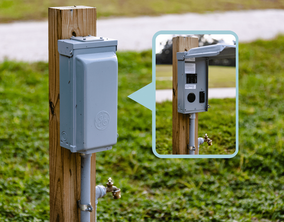 Picture of a gray RV panel electrical box, and the water connection for RV